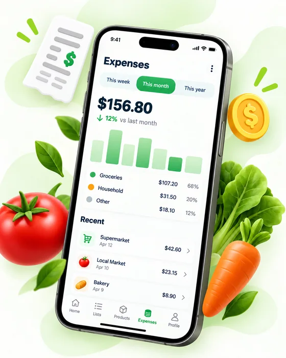 Baskit Expenses screen with a spending chart and recent purchases