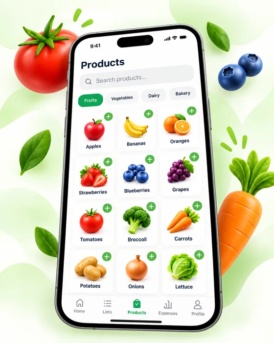 Baskit product catalog with search and categories like Fruits, Vegetables, Dairy and Bakery