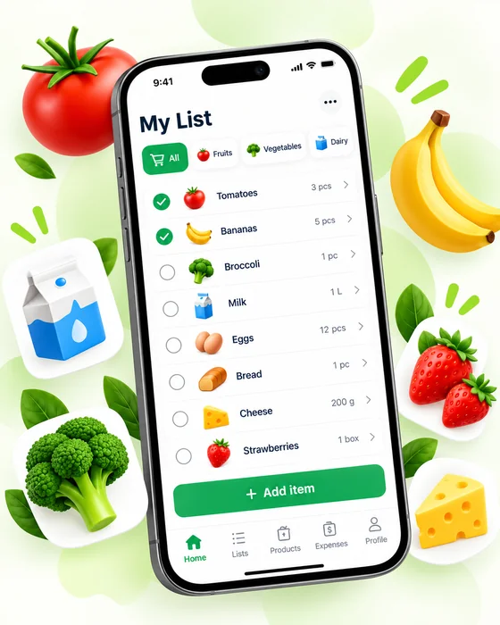 Baskit shopping list with checked and unchecked items