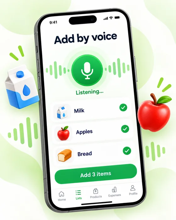 Baskit voice input screen listening and adding Milk, Apples and Bread