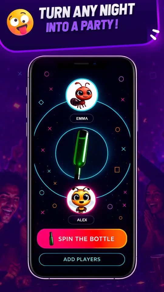 Party Games Spin the Bottle screen with players and a glowing bottle