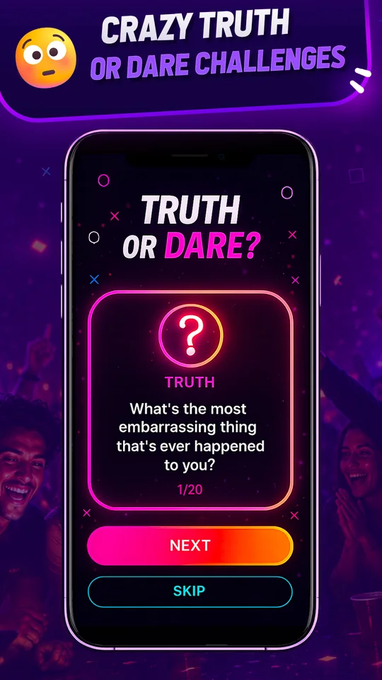 Party Games Truth or Dare question card with Next and Skip buttons