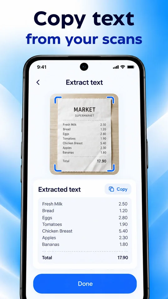 Scanly Extract text screen showing a receipt and its extracted text with a Copy button