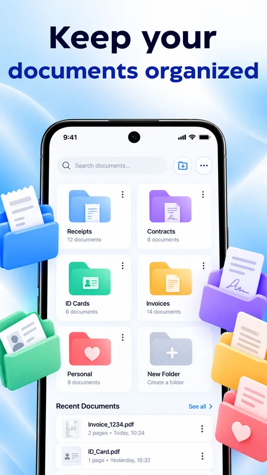 Scanly folders for Receipts, Contracts, ID Cards, Invoices and Personal documents