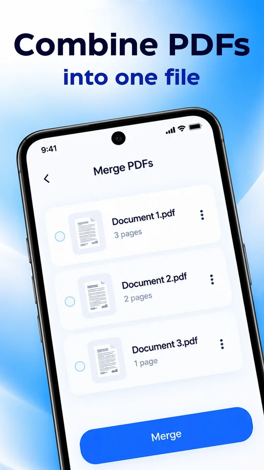 Scanly Merge PDFs screen with three documents selected for merging