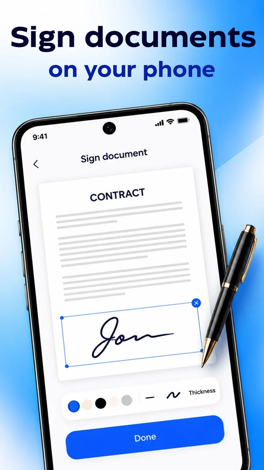 Scanly Sign document screen with a signature on a contract