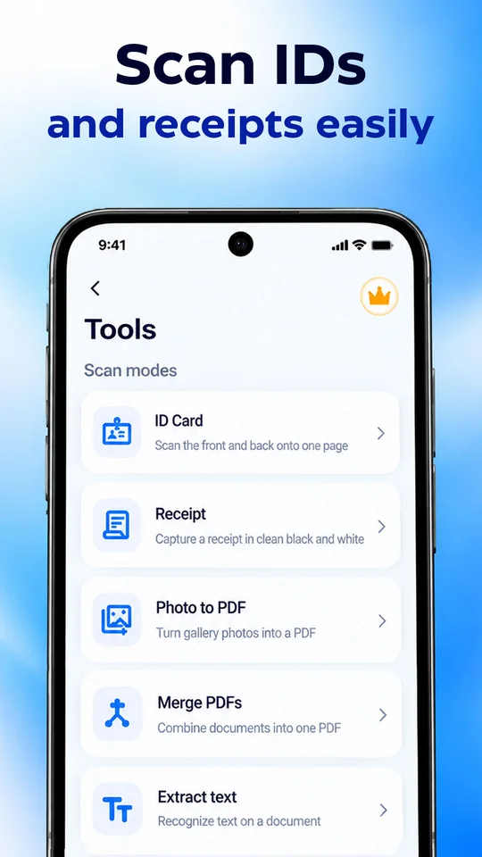 Scanly Tools screen with ID Card, Receipt, Photo to PDF, Merge PDFs and Extract text
