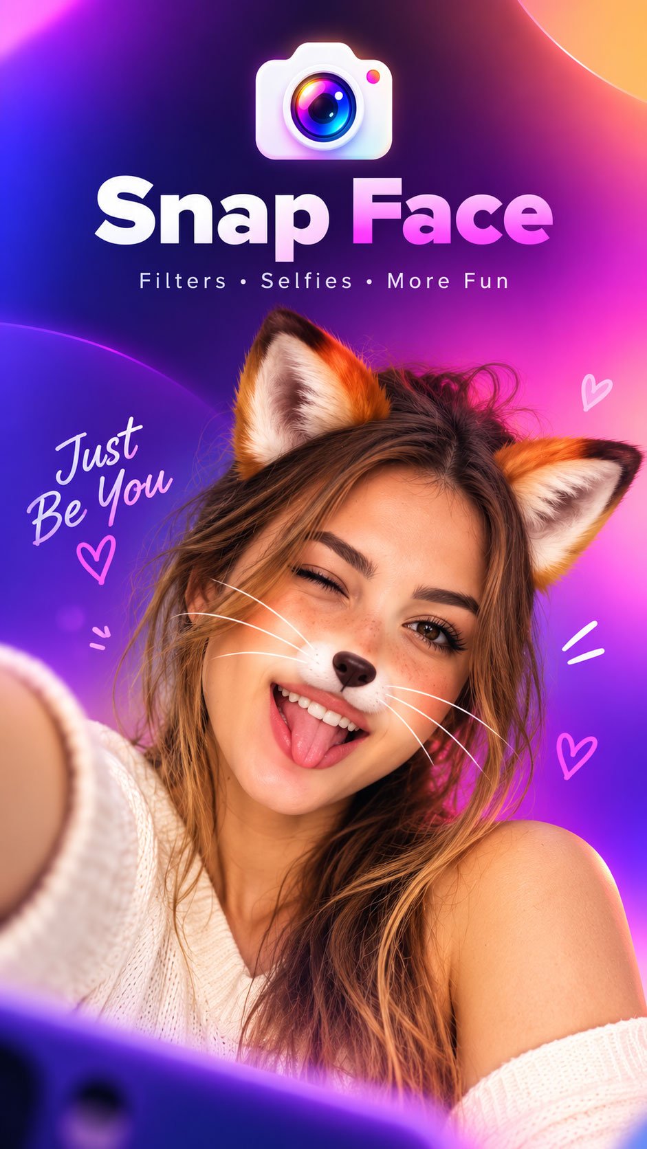 Person taking a selfie with a live cat face filter in Snap Face